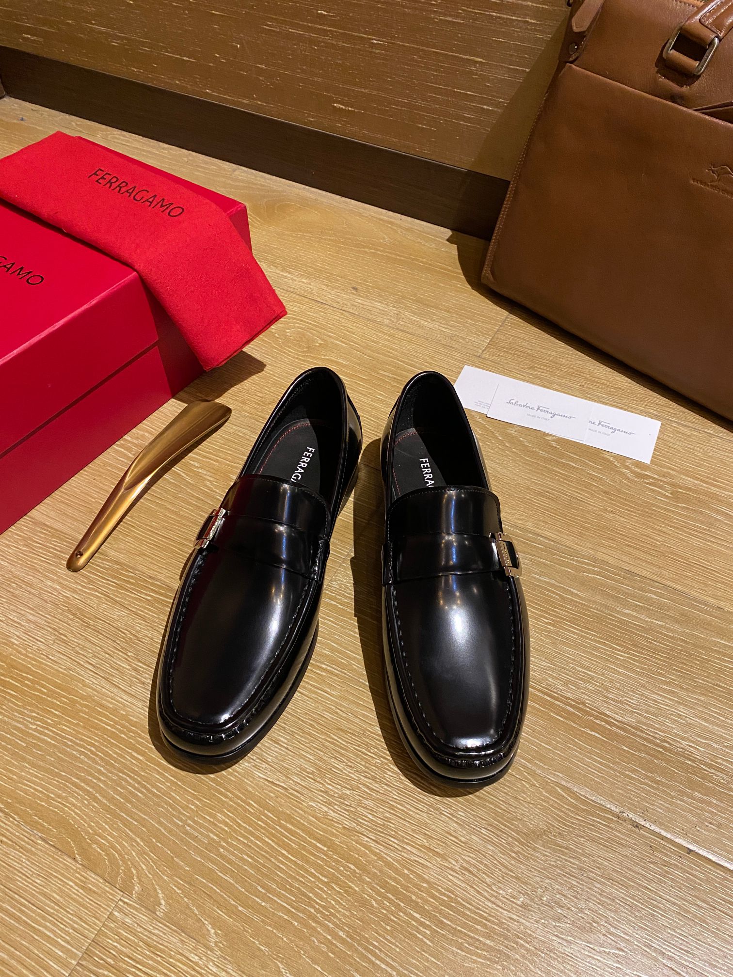 Salvatore Ferragamo Men's Black Leather Loafers with Buckle Detail