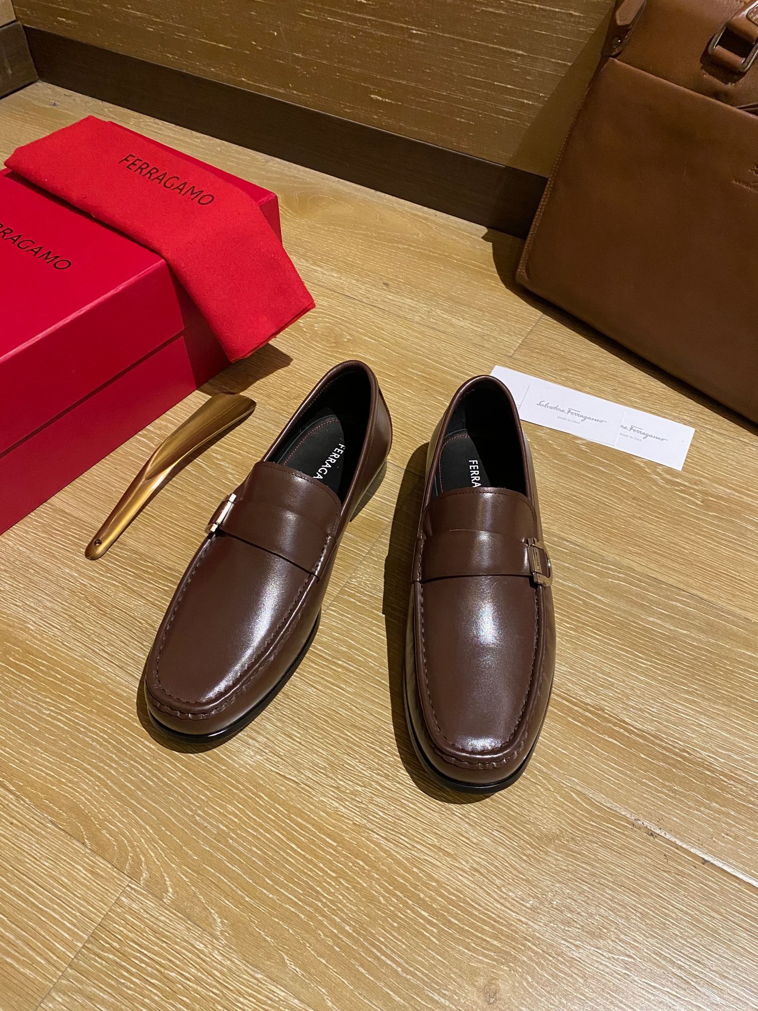 Ferragamo Men's Brown Leather Loafers Elegant and Luxurious Detail