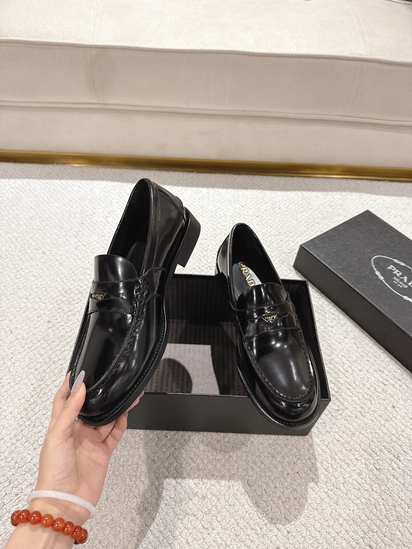 Prada Men's Black Leather Loafers with Enameled Metal Triangle Logo 5 i1752906997605 6406 0 3