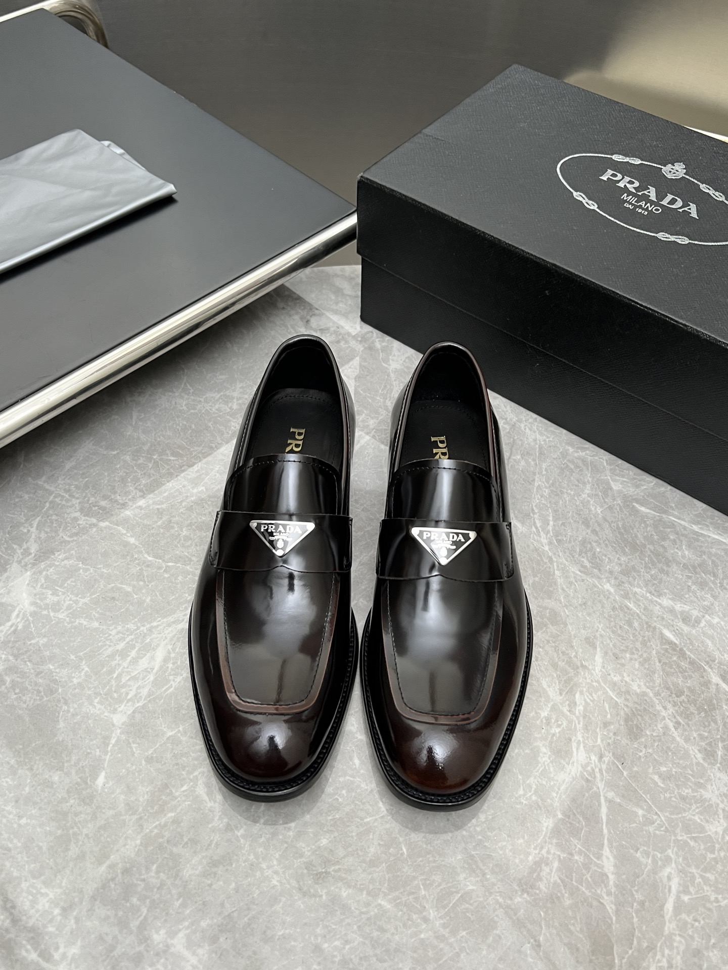 Prada Men's Leather Loafers, Hand-Finished Italian Leather Dress Shoes