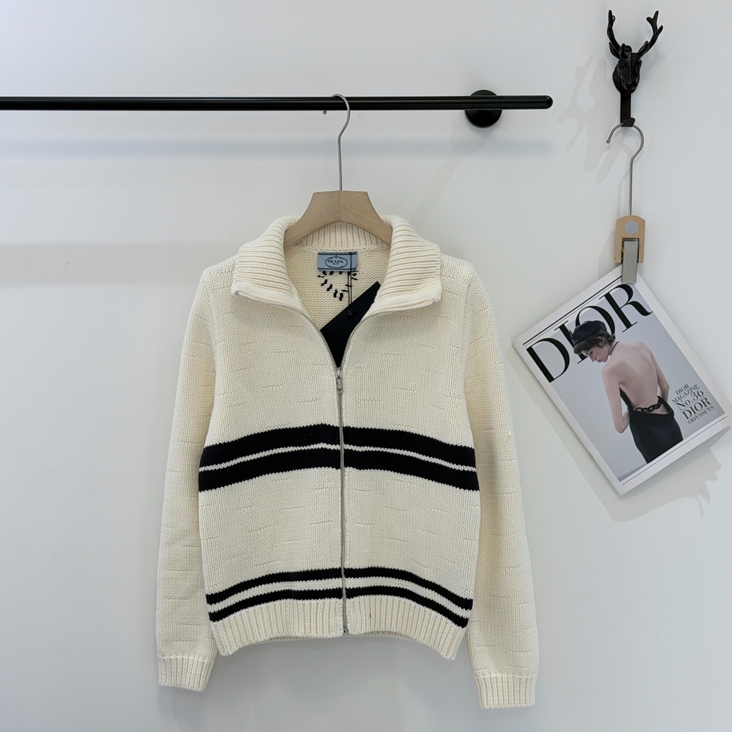 Prada White Stripe Zip Sweater