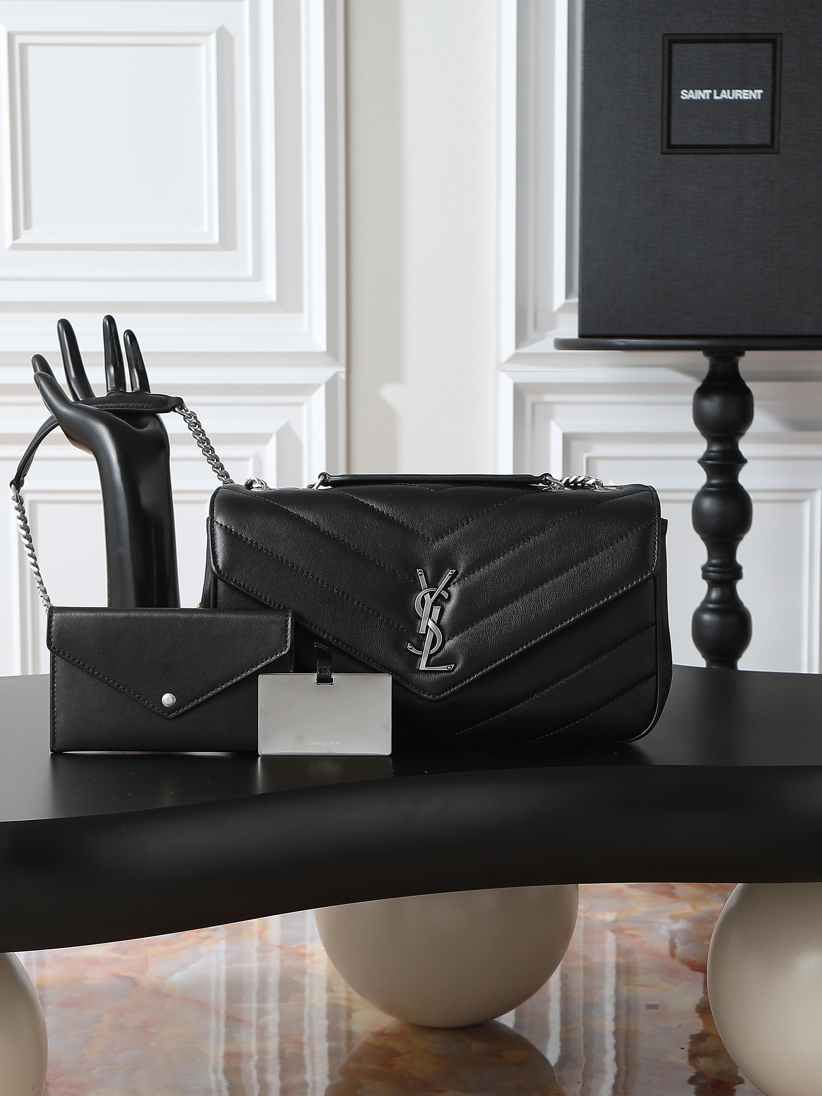 NO:556146,Black silver buckle · 29cm new LouLou_ sheepskin style, soft to the touch, equipped with a detachable card holder and pocket mirror, with a sliding chain, can be worn on the shoulder or crossbody, meeting the matching needs of many occasions!  The new version of sheepskin has been additionally coated, which is not only more durable, but also more shiny, making the entire bag look particularly delicate and beautiful!  Model 801439~ Size 29×17×8cm, saint laurent, saint laurent, sheepskin19860909黑色银扣·29cm 新款LouLou_羊皮款,手感柔软,配有可拆卸卡包和袖珍化妆镜,搭配滑动式链条、可肩背可斜挎,满足多场合搭配需求！新版羊皮另外做了涂层处理,不仅更耐用,还更有光泽感,显得整个包都格外精致,美丽！ 型号801439~ 尺寸29×17×8cm,圣罗兰,saint laurent,sheepskin,Bag