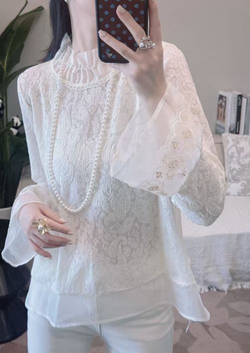 Elegant Floral Lace Blouse with Silk Organza Trim - Versatile Top 1 Elegant Floral Lace Blouse with Silk Organza Trim - Versatile Top