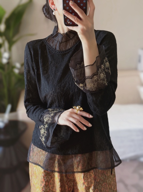 Elegant Floral Lace Trim Wool Blend Top with Silk Organza Details 12 Elegant Floral Lace Trim Wool Blend Top with Silk Organza Details