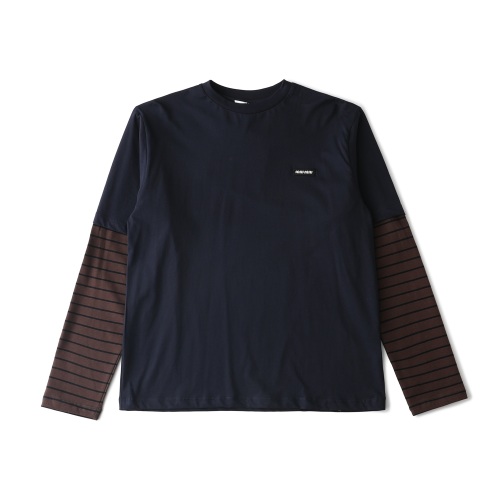 Miu Miu Two-Piece Effect Navy Long Sleeve T-Shirt with Striped Sleeves 1 Miu Miu Two-Piece Effect Navy Long Sleeve T-Shirt with Striped Sleeves