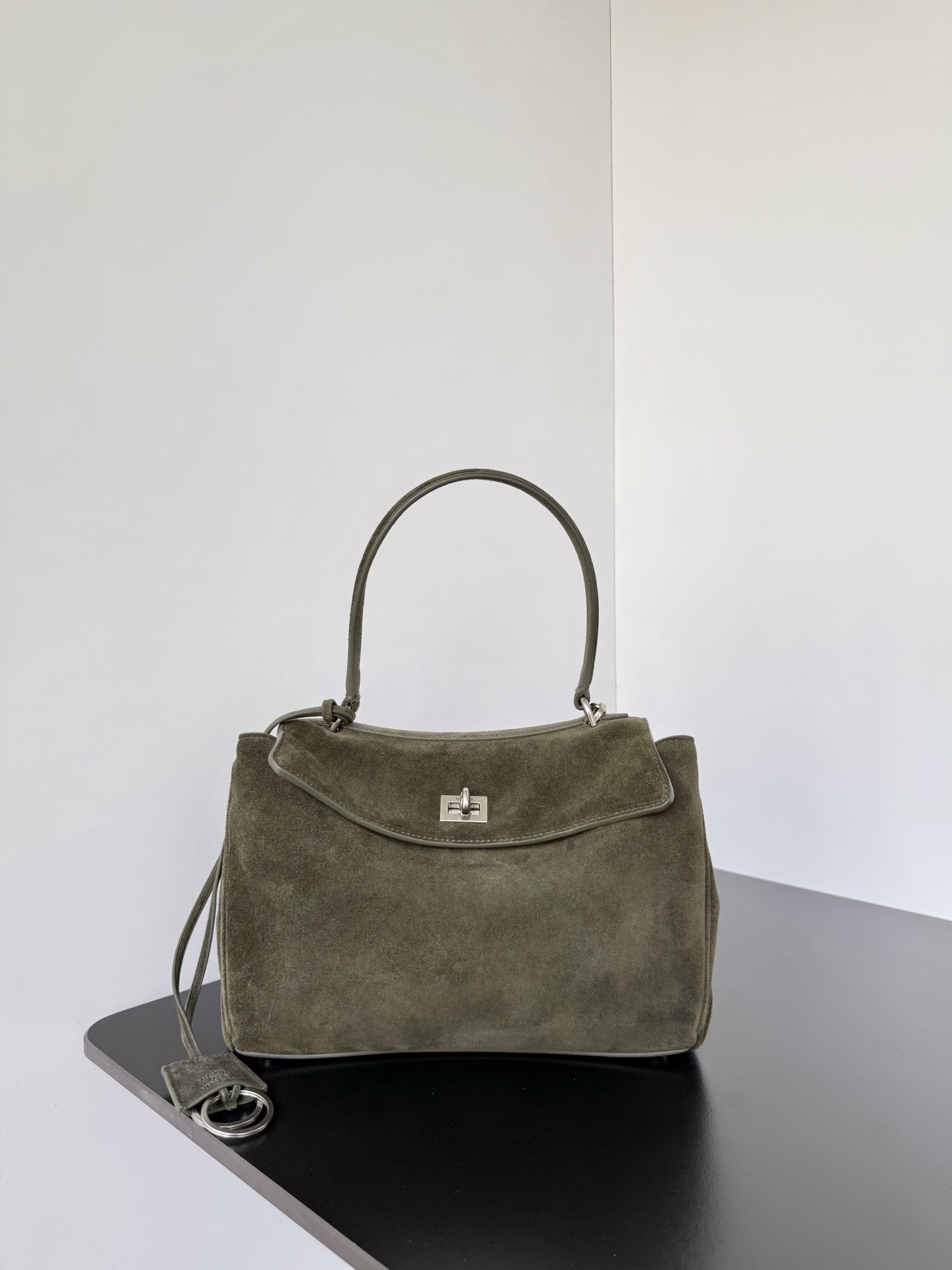 Balenciaga Rodeo Top Handle Bag, Olive Green Suede Leather, 28.9x20x9.9cm