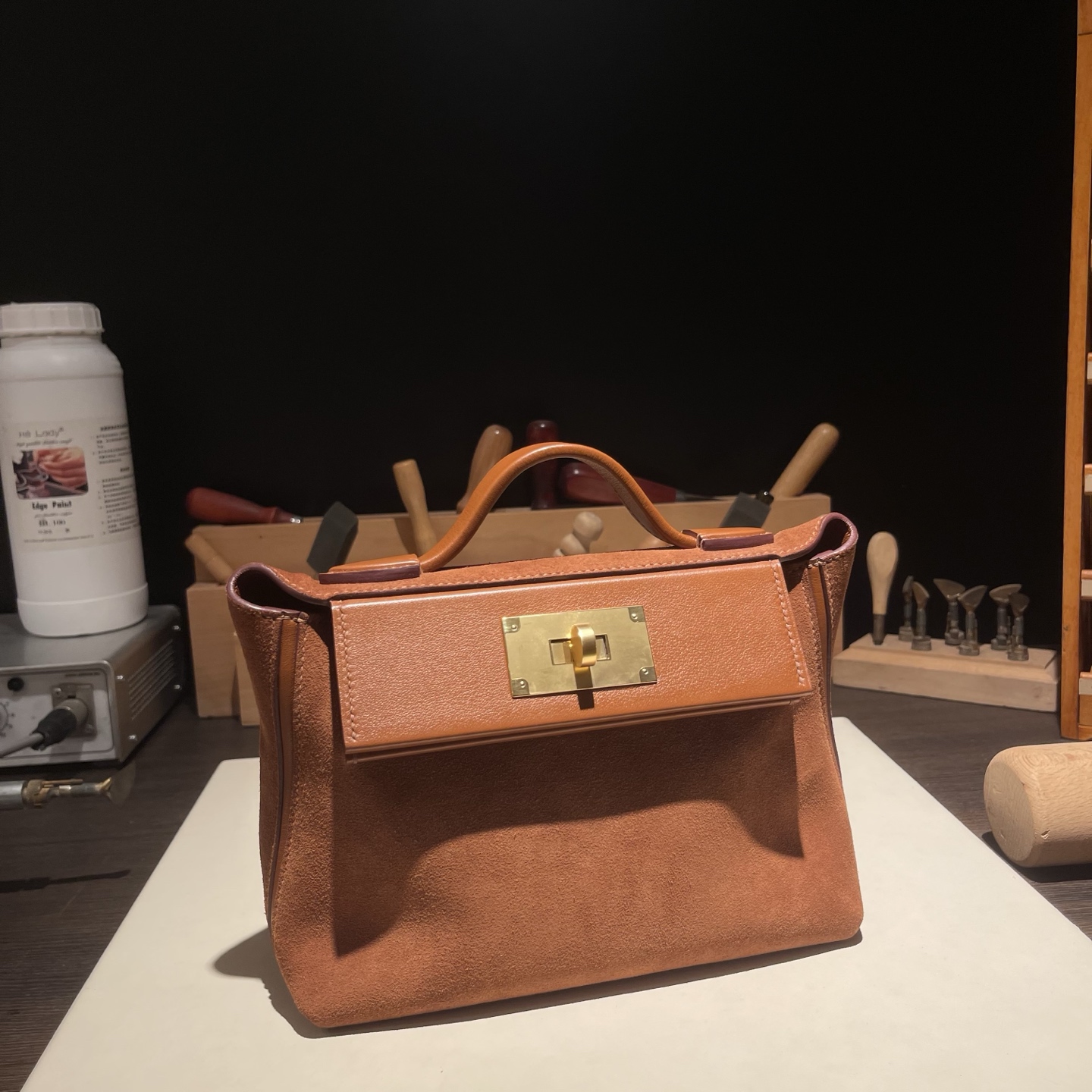 Kelly mini 2424 21cm gamuza combinada con piel Swift [marrón dorado] hebilla dorada