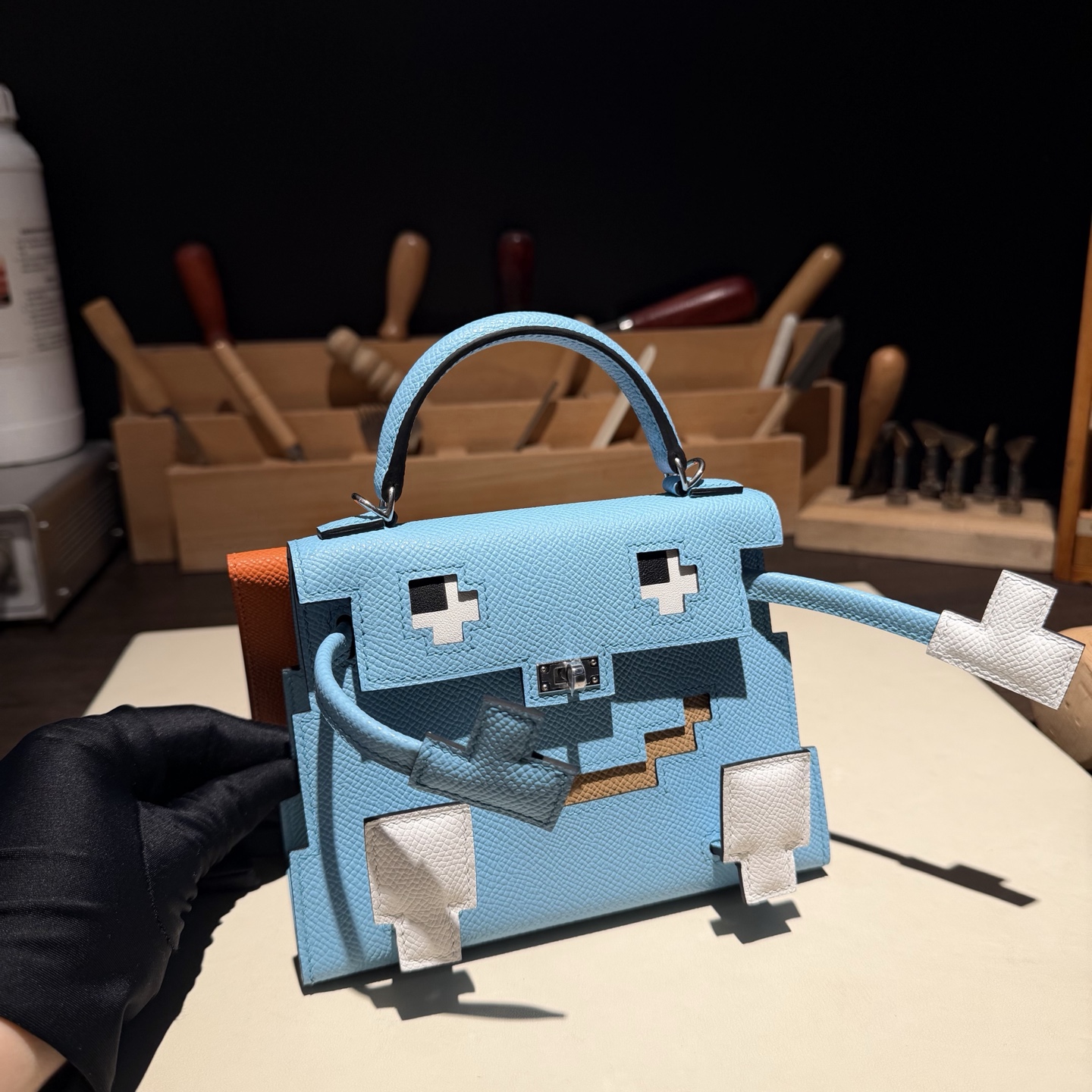 🐎Nuevo Kelly doll Mosaico bolso muñeca 16.5cm piel Epsom importada de fábrica【azul caramelo】hebilla plateada súper lin…