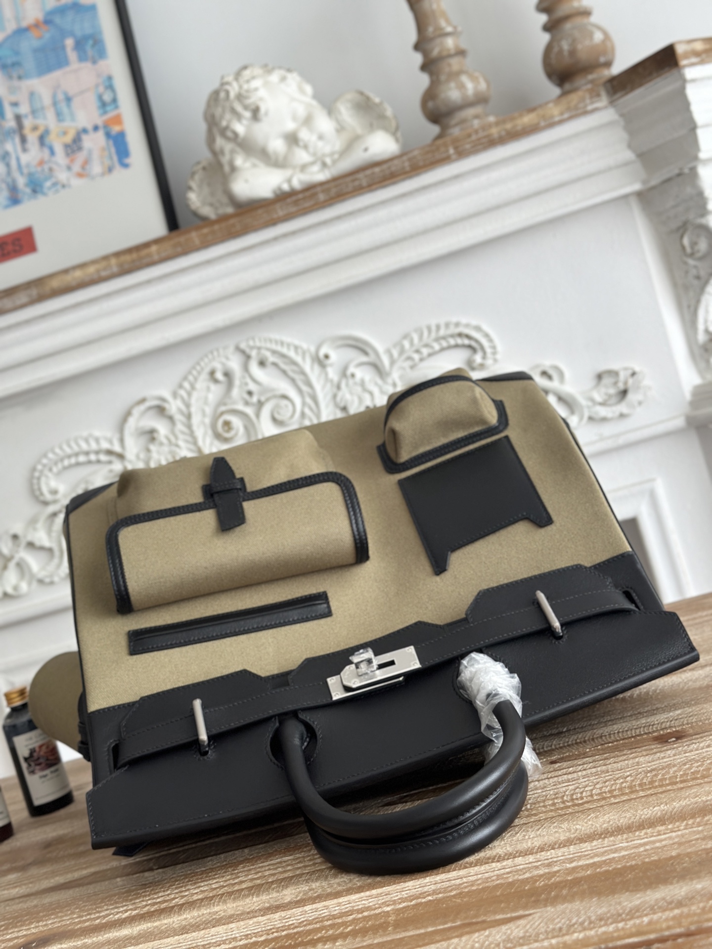 Hermes HAC Cargo Beige canvas and Black leather 40 travel everyday