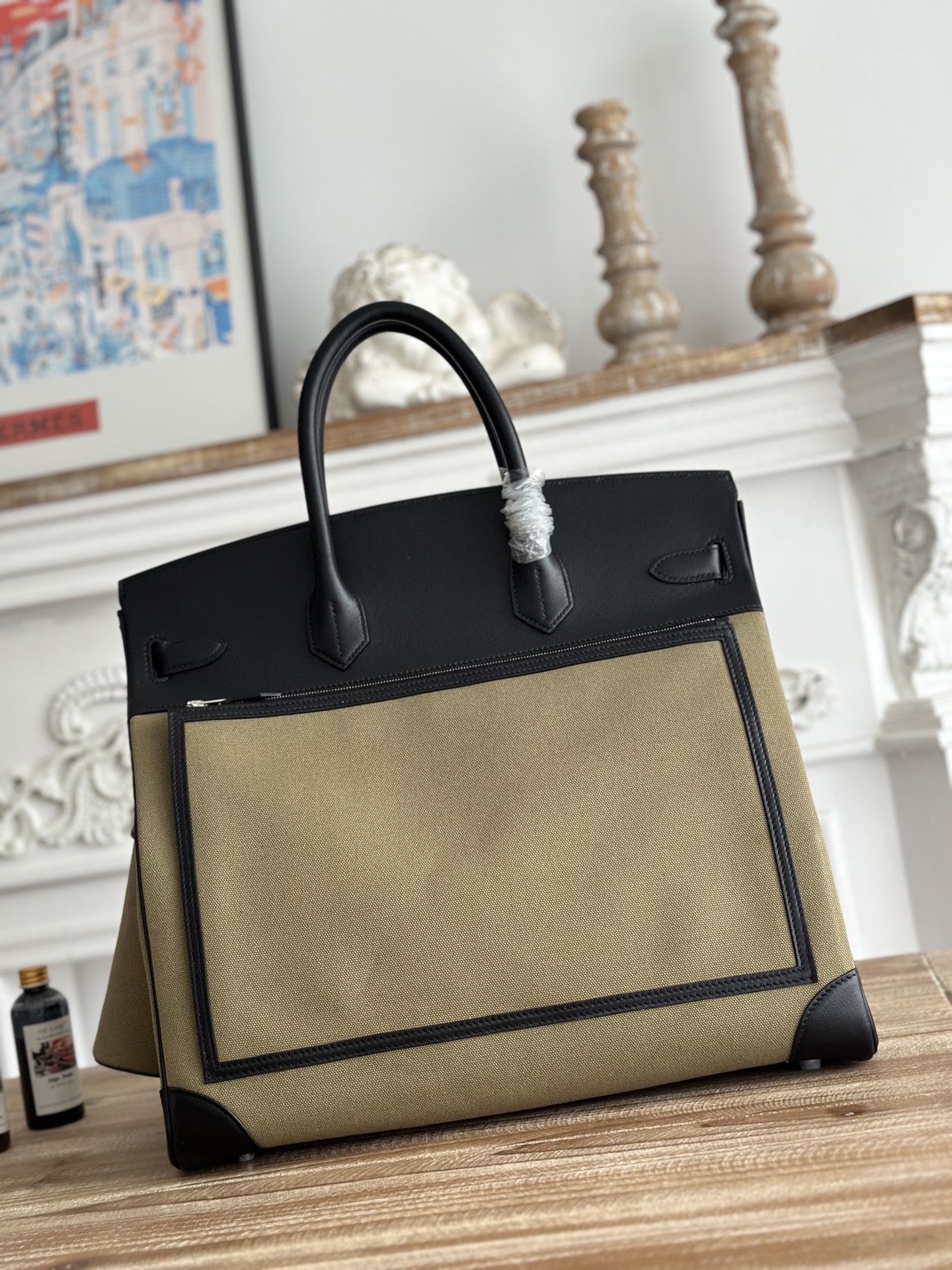 Hermes HAC Cargo Beige canvas and Black leather 40 travel everyday