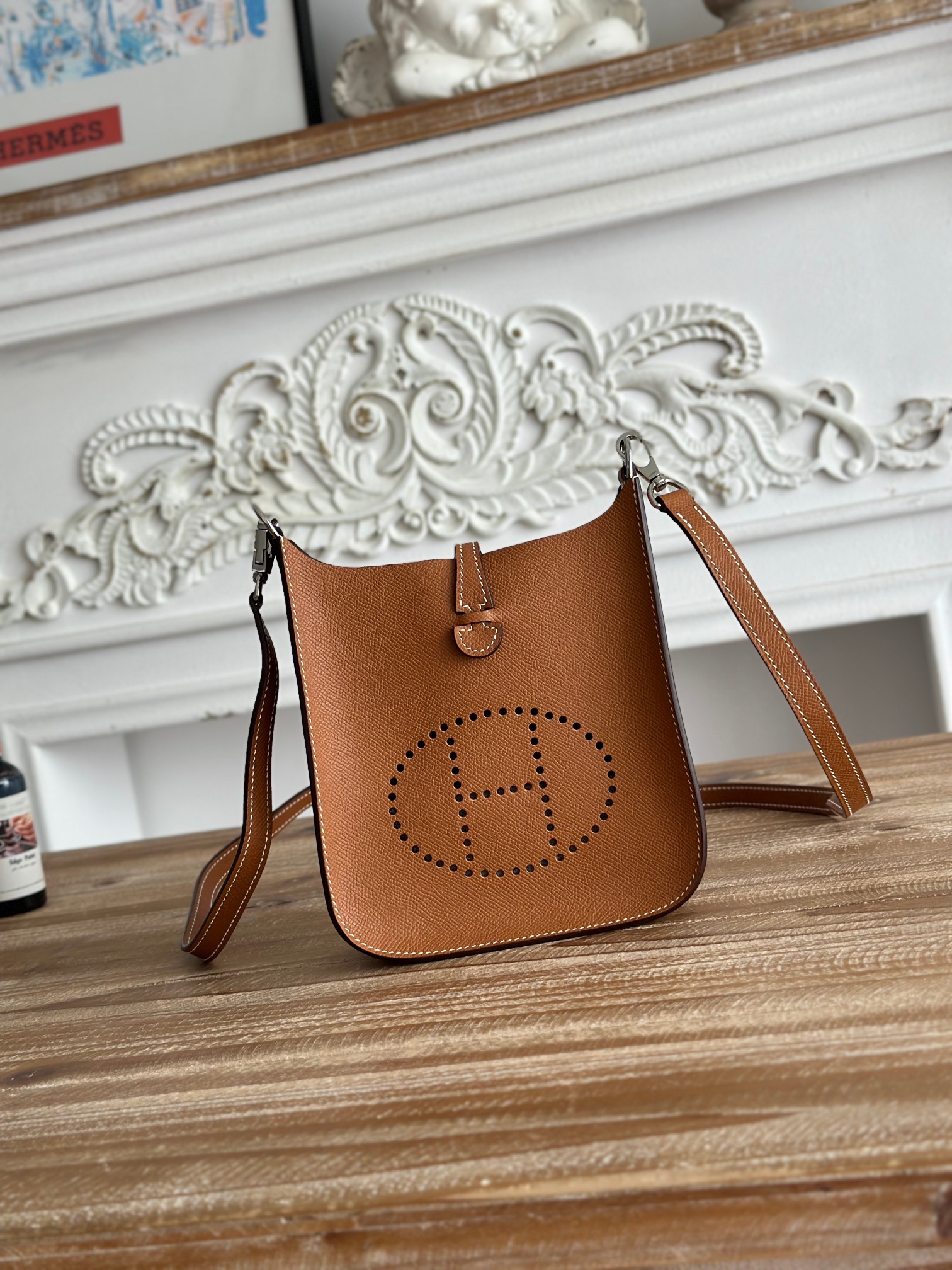 NO:698939,Mini Esom Eveline, semi-handmade + wax thread, self-matched shoulder strap, color golden brown, silver buckle, mini size 17cm, Hermes, Hermes, Hermes,19860909迷你Esom伊芙琳 半手工+蜡线 自配肩带 颜色金棕、银扣 迷你尺寸17cm,爱马仕,hermes,Hermes,,Bag