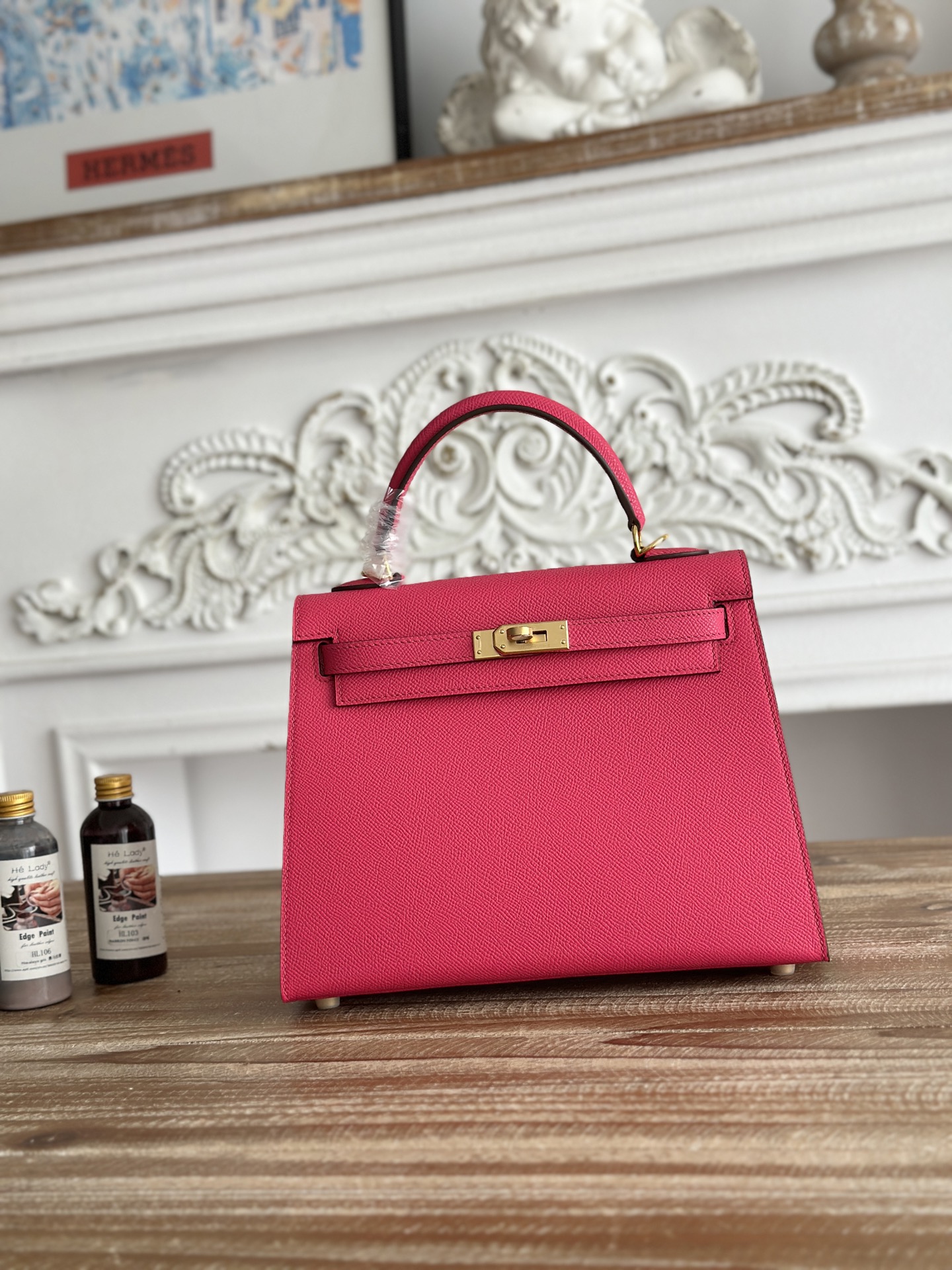NO:894035,Kelly esom leather, semi-hand-stitched wax thread, color pink, gold buckle, size 25cm, Hermes, Hermes, Hermes,19860909凯莉Kelly esom皮 半手工手缝蜡线 颜色桃红,金扣 尺寸25cm,爱马仕,hermes,Hermes,,Bag