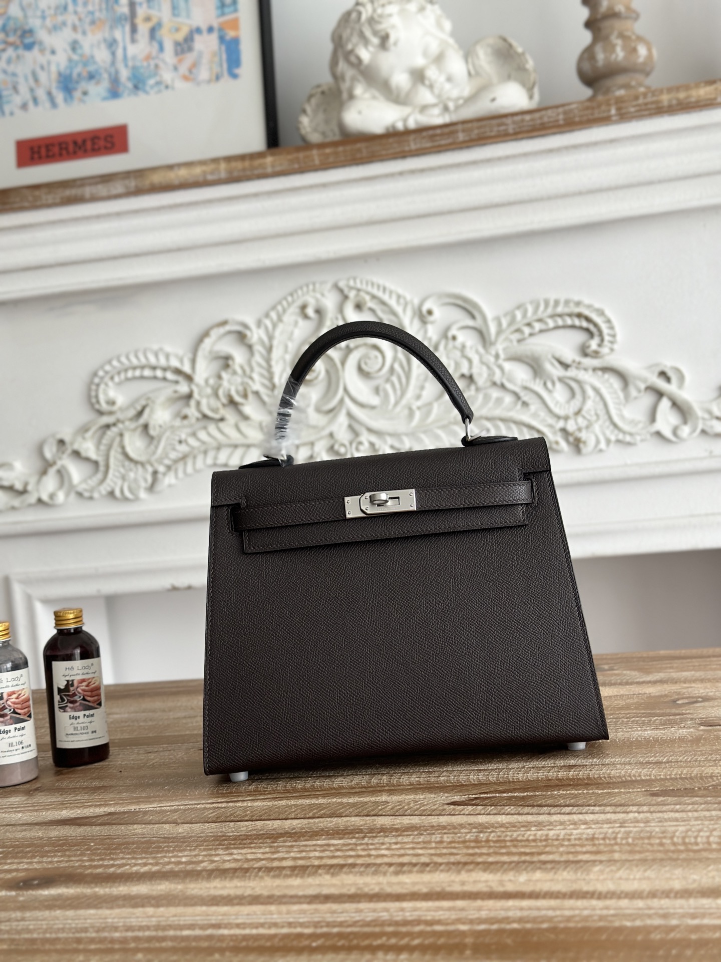 NO:894021,Kelly esom leather, semi-hand-stitched wax thread, color ebony, silver buckle, size 25cm, Hermes, Hermes, Hermes,19860909凯莉Kelly esom皮 半手工手缝蜡线 颜色乌木色,银扣 尺寸25cm,爱马仕,hermes,Hermes,,Bag