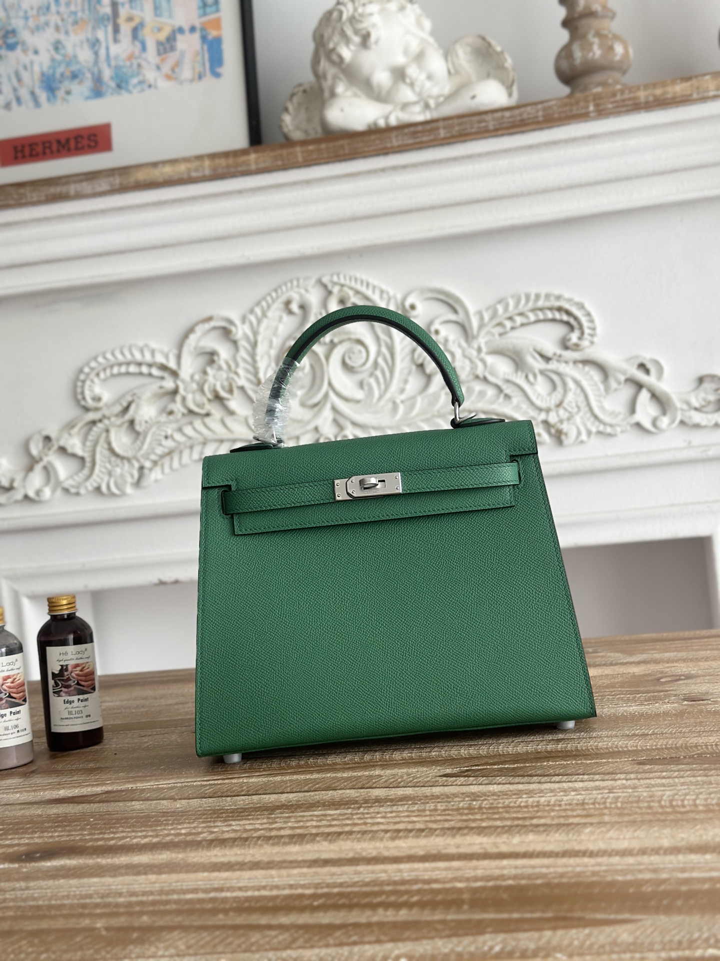 NO:894024,Kelly esom leather, semi-hand-stitched wax thread, color velvet green, silver buckle, size 25cm, Hermes, hermes, Hermes,19860909凯莉Kelly esom皮 半手工手缝蜡线 颜色丝绒绿,银扣 尺寸25cm,爱马仕,hermes,Hermes,,Bag