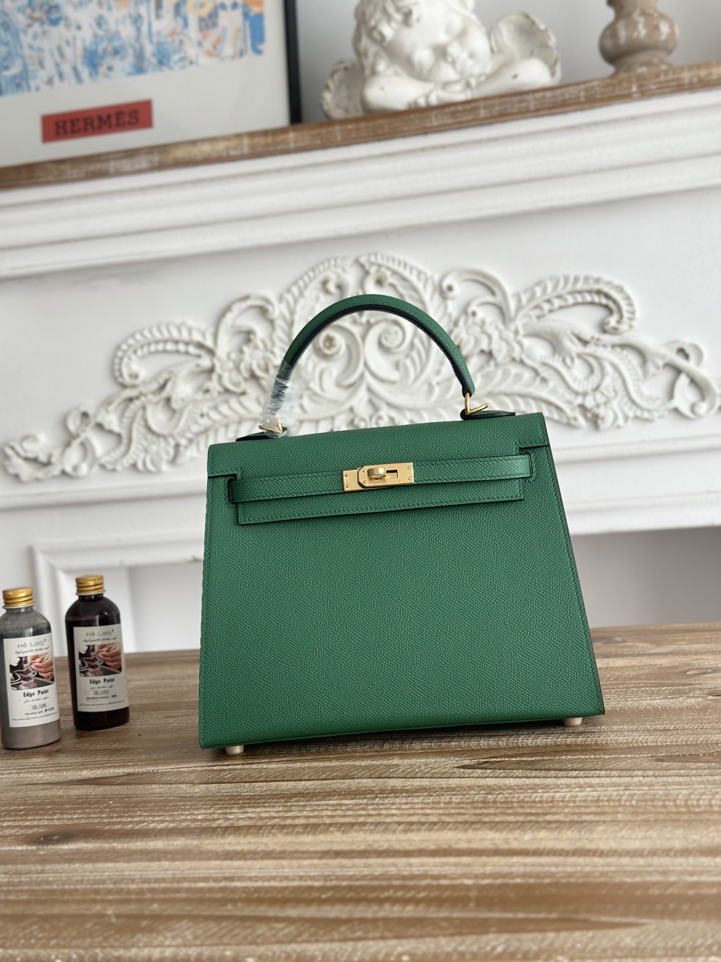 NO:894027,Kelly esom leather, semi-hand-stitched wax thread, color velvet green, gold buckle, size 25cm, Hermes, hermes, Hermes,19860909凯莉Kelly esom皮 半手工手缝蜡线 颜色丝绒绿,金扣 尺寸25cm,爱马仕,hermes,Hermes,,Bag