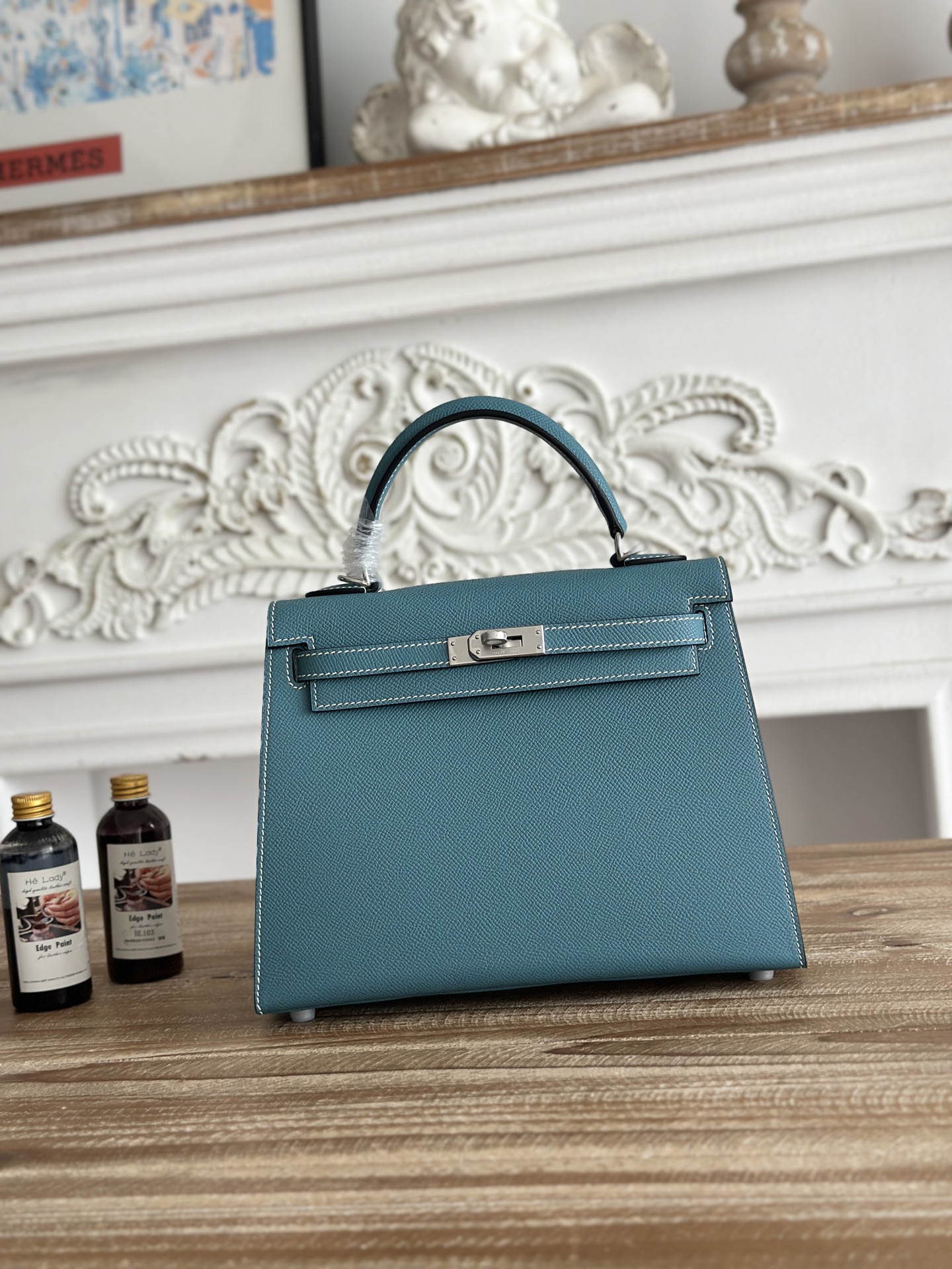 NO:894037,Kelly esom leather, semi-hand-stitched wax thread, color denim blue, silver buckle, size 25cm, Hermes, Hermes, Hermes,19860909凯莉Kelly esom皮 半手工手缝蜡线 颜色牛仔蓝,银扣 尺寸25cm,爱马仕,hermes,Hermes,,Bag
