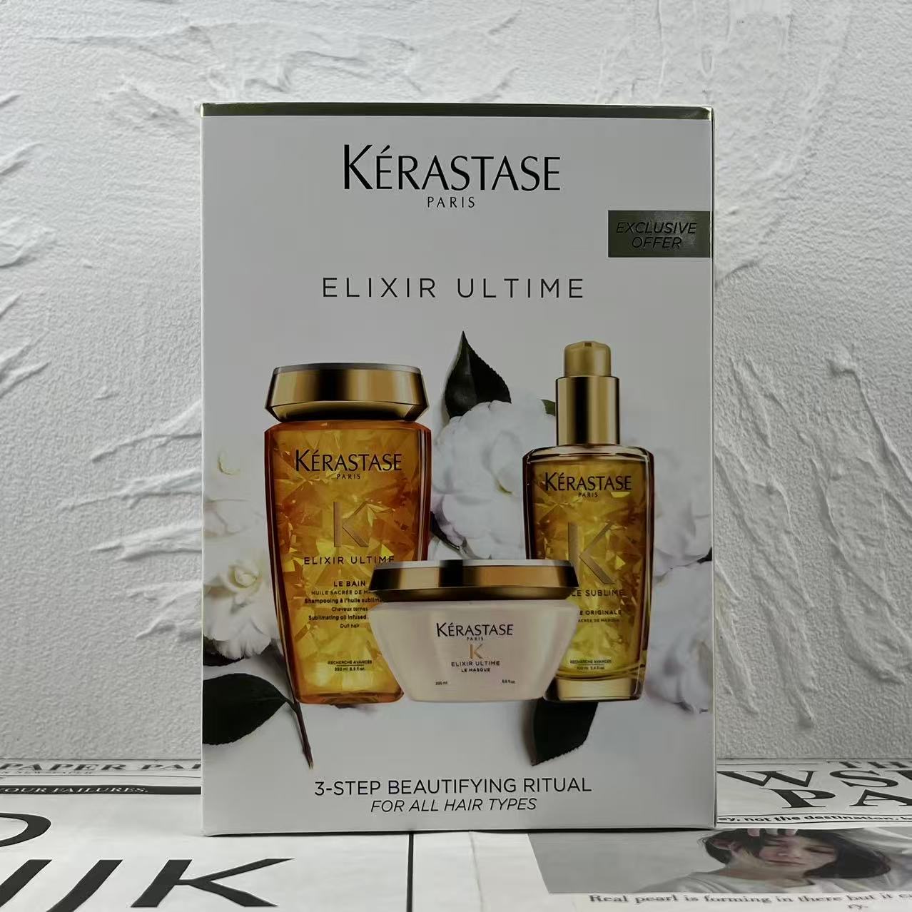 Set de tres piezas dorado de Kérastase! Contenido: mascarilla capilar pura 200ml, champú puro 250ml, aceite capilar pur…
