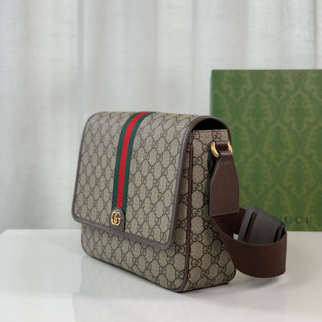 Gucci Ophidia series messenger bag, beige/ebony GG with imported cowhide leather, cotton and linen lining, magnetic flip buckle, adjustable shoul