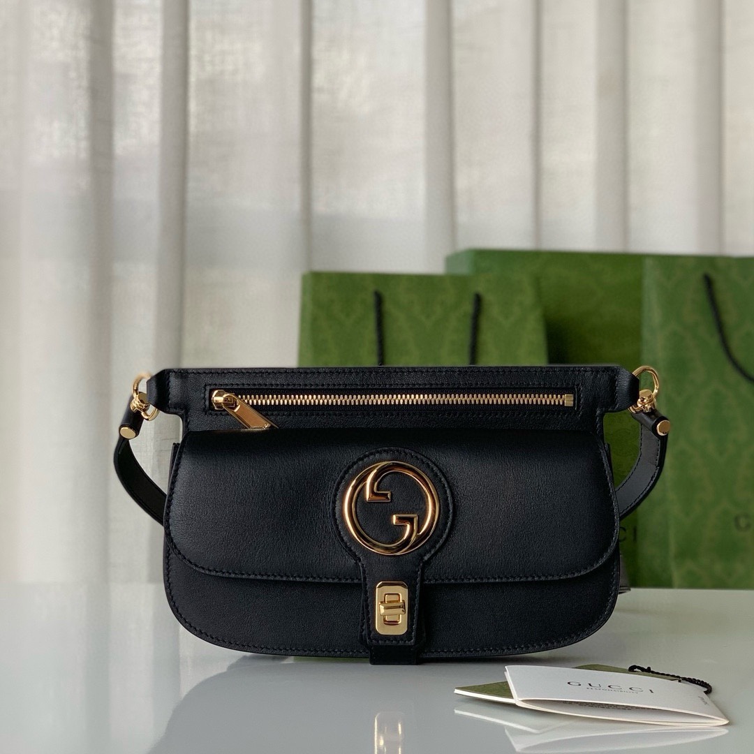 gucci 24New GG Blondie series round interlocking double G waist bag, black cowhide with gold-tone accessories, twist buckle, sheepskin lining, of