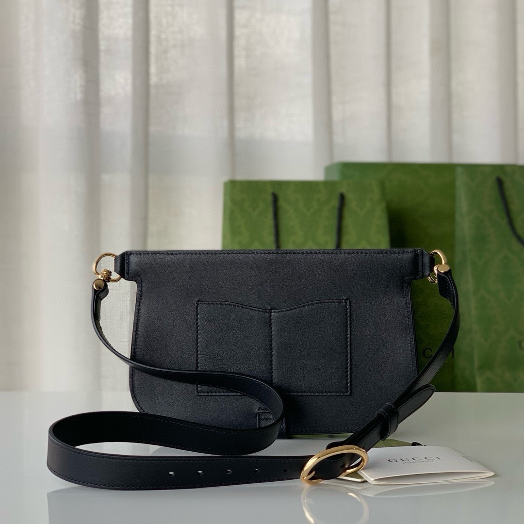 gucci 24New GG Blondie series round interlocking double G waist bag, black cowhide with gold-tone accessories, twist buckle, sheepskin lining, of