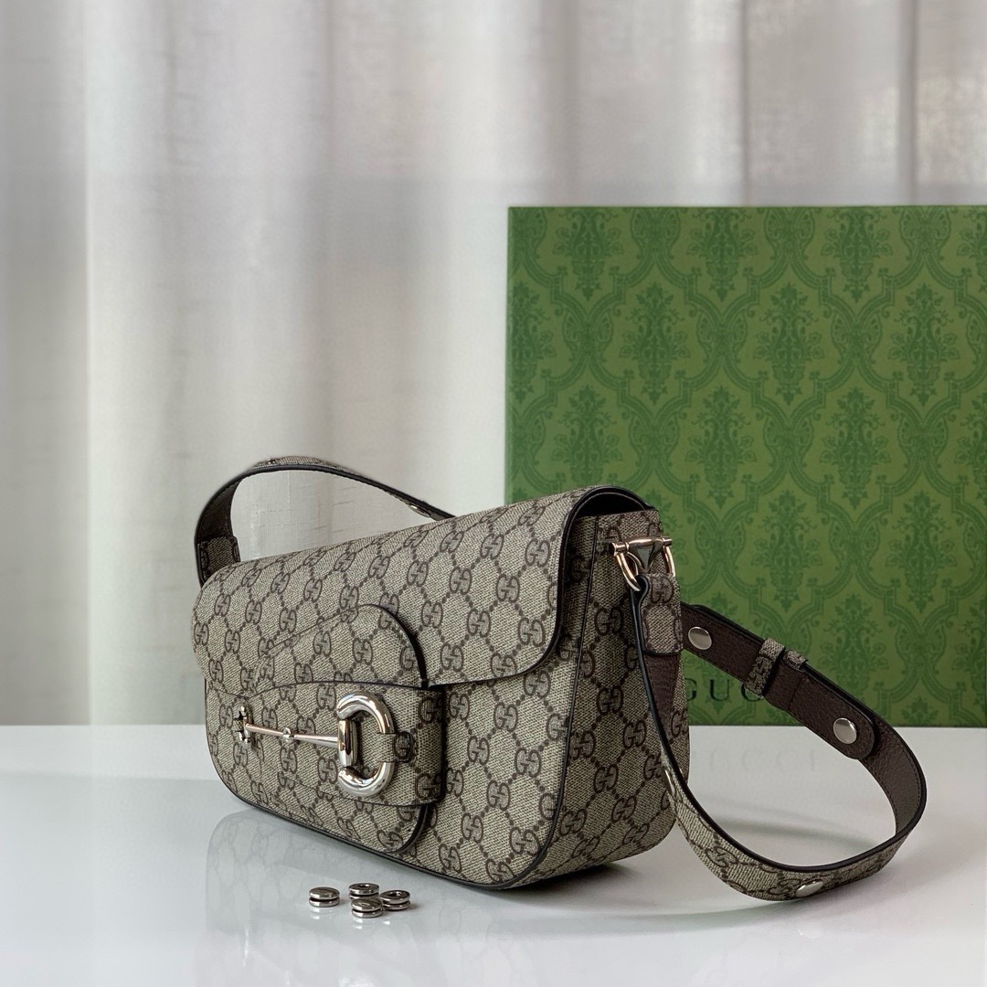 gucci Horsebit 1955 series small asymmetrical horsebit shoulder bag, beige/ebony GG with silver tone accessories, cotton and linen lining, should