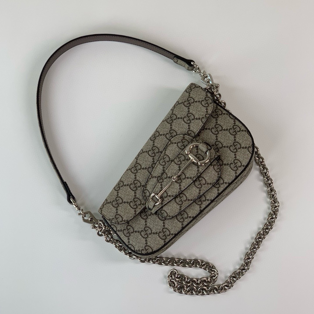 mini Gucci Horsebit 1955 series mini asymmetric horsebit shoulder bag, beige/ebony GG with silver tone accessories, cotton and linen lining, equi
