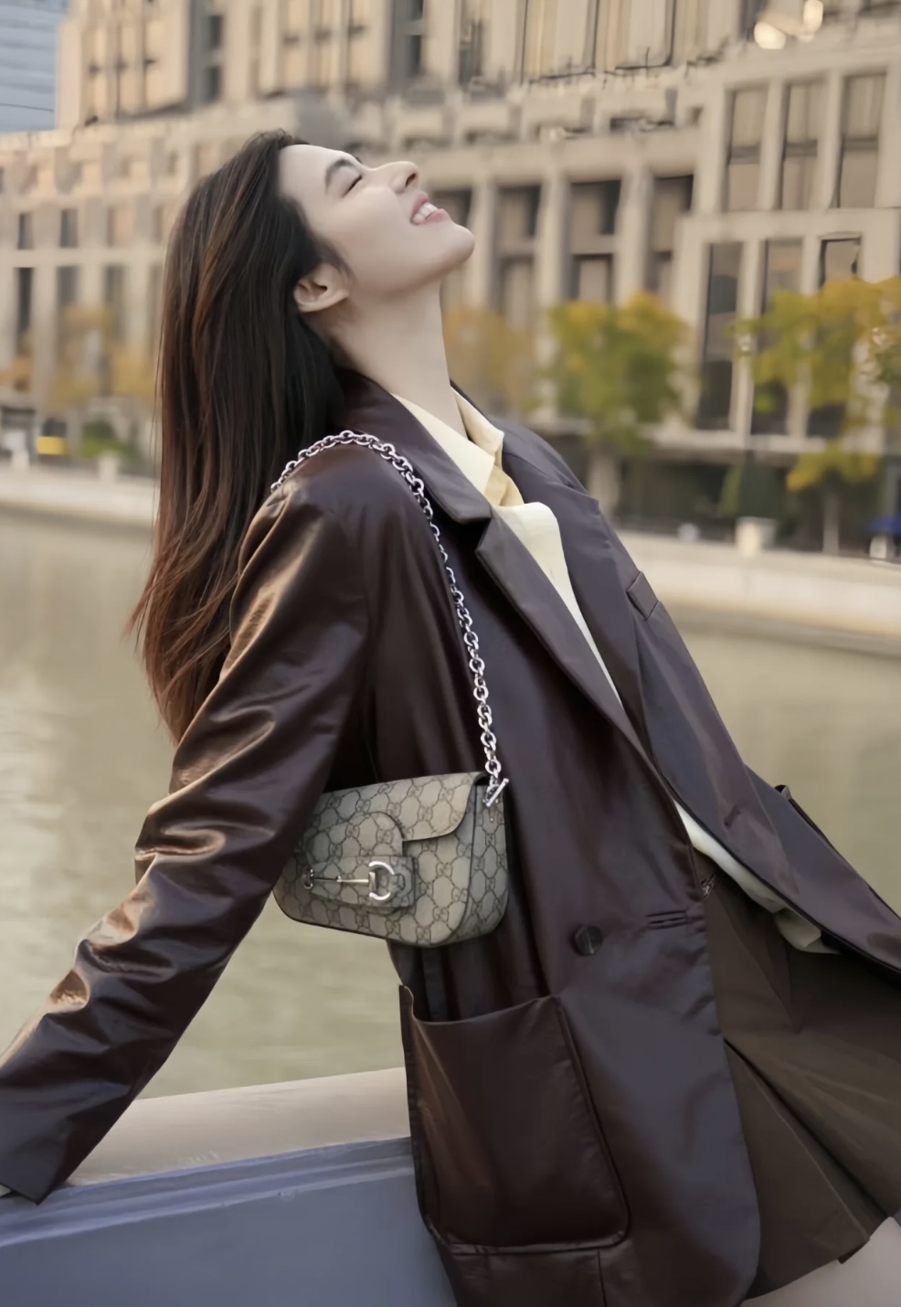 mini gucci Horsebit 1955 series small asymmetric horsebit shoulder bag, beige/ebony GG with silver tone accessories