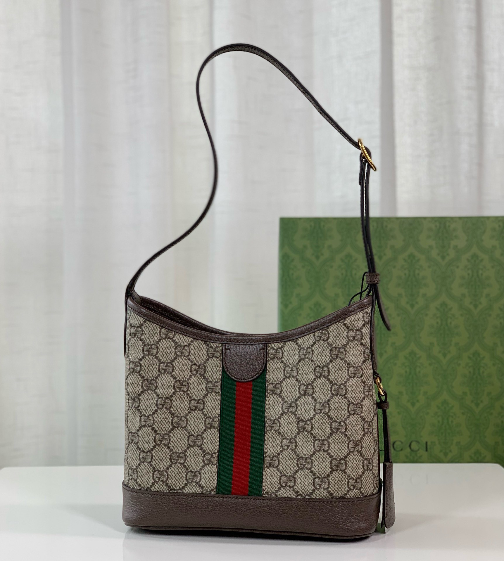 Gucci 24 new product debut Gucci Ophidia series GG small shoulder bag, beige and ebony GG with brown leather piping, cotton and linen lining, wit