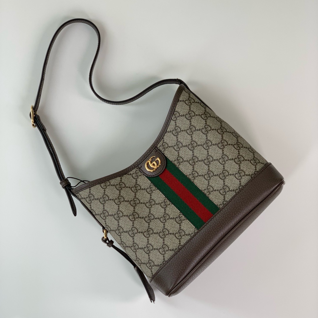 Gucci 24 new product debut Gucci Ophidia series GG small shoulder bag, beige and ebony GG with brown leather piping, cotton and linen lining, wit