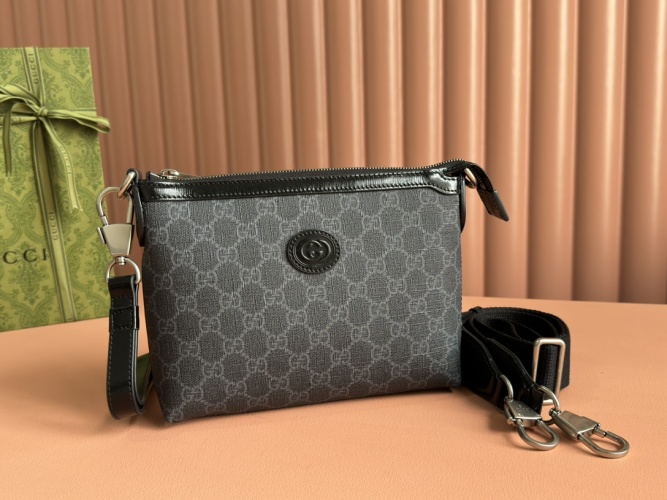 Gucci Interlocking G Supreme Canvas Messenger Bag - Black Leather Trim