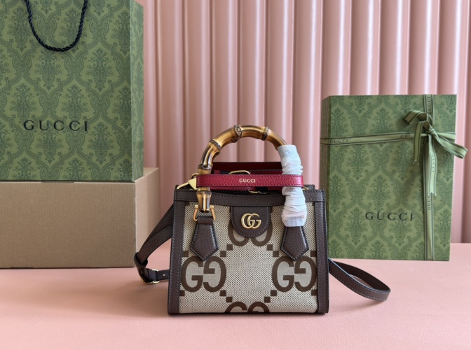 Gucci Aria Small Bamboo Handle Bag Brown Canvas Leather Trim 1 Gucci Aria Small Bamboo Handle Bag Brown Canvas Leather Trim