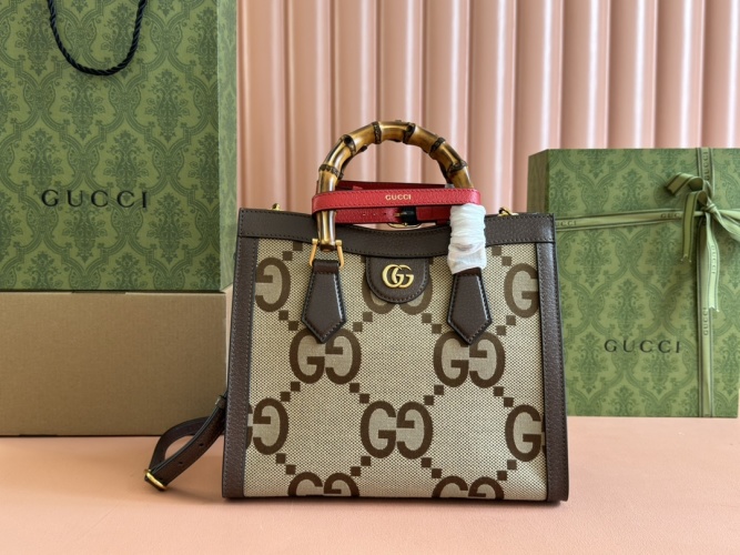 Gucci Bamboo Top Handle Bag GG Canvas Brown Leather Medium Size 660195 1 Gucci Bamboo Top Handle Bag GG Canvas Brown Leather Medium Size 660195