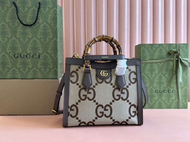 Gucci Aria Bamboo Top Handle Bag - Medium Size, Brown Canvas