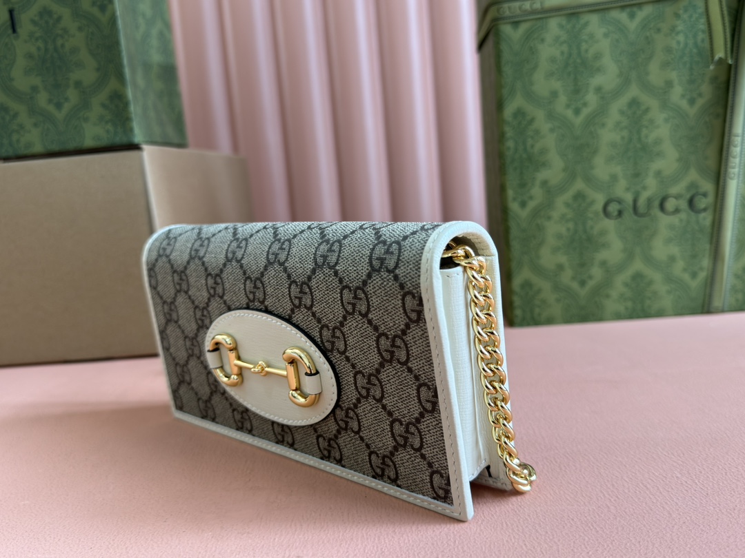 Gucci 1955 Horsebit Beige Ebony GG Supreme canvas with white leather trim shoulder everyday