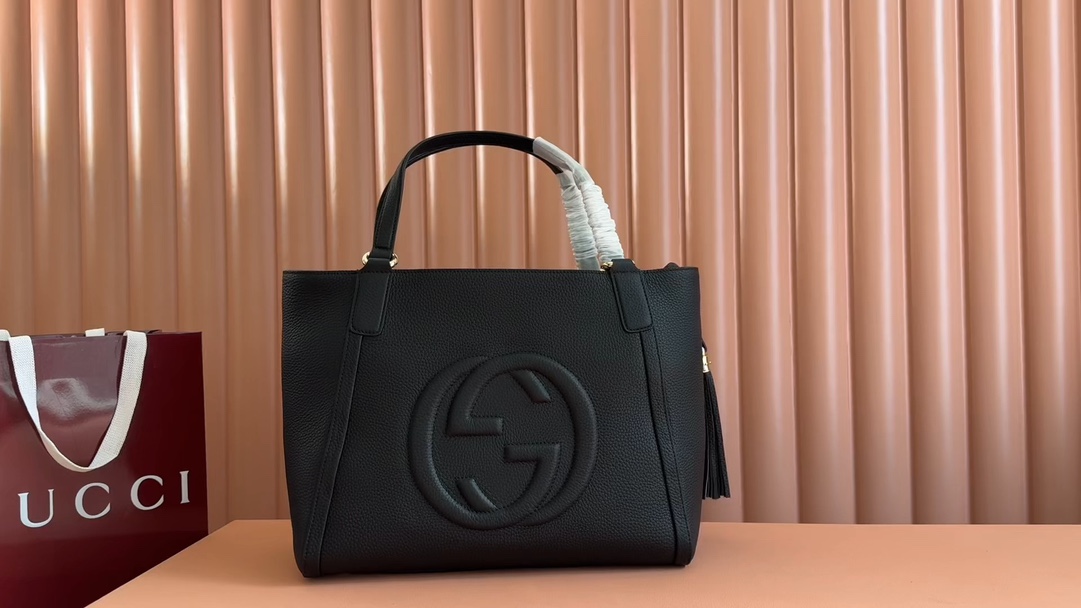 Gucci Black Leather Tote Bag with Interlocking G Embossed, 35x29x17cm