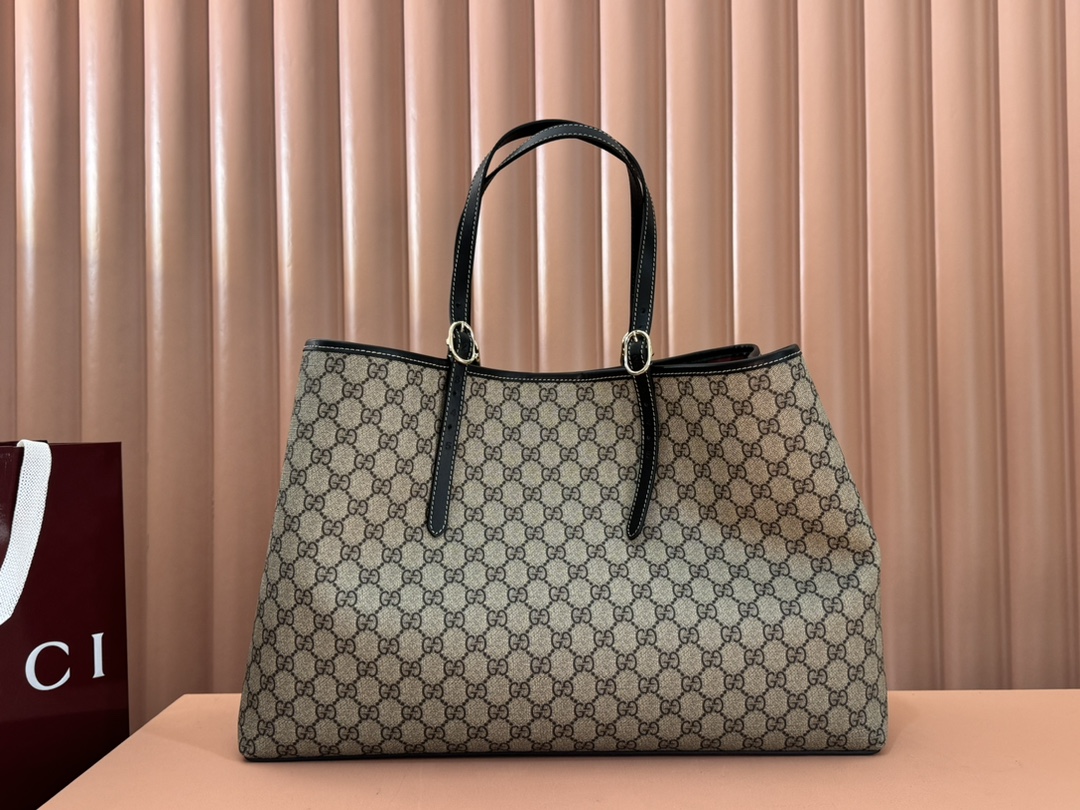 Gucci GG Emblem Beige GG canvas with black leather trim tote everyday