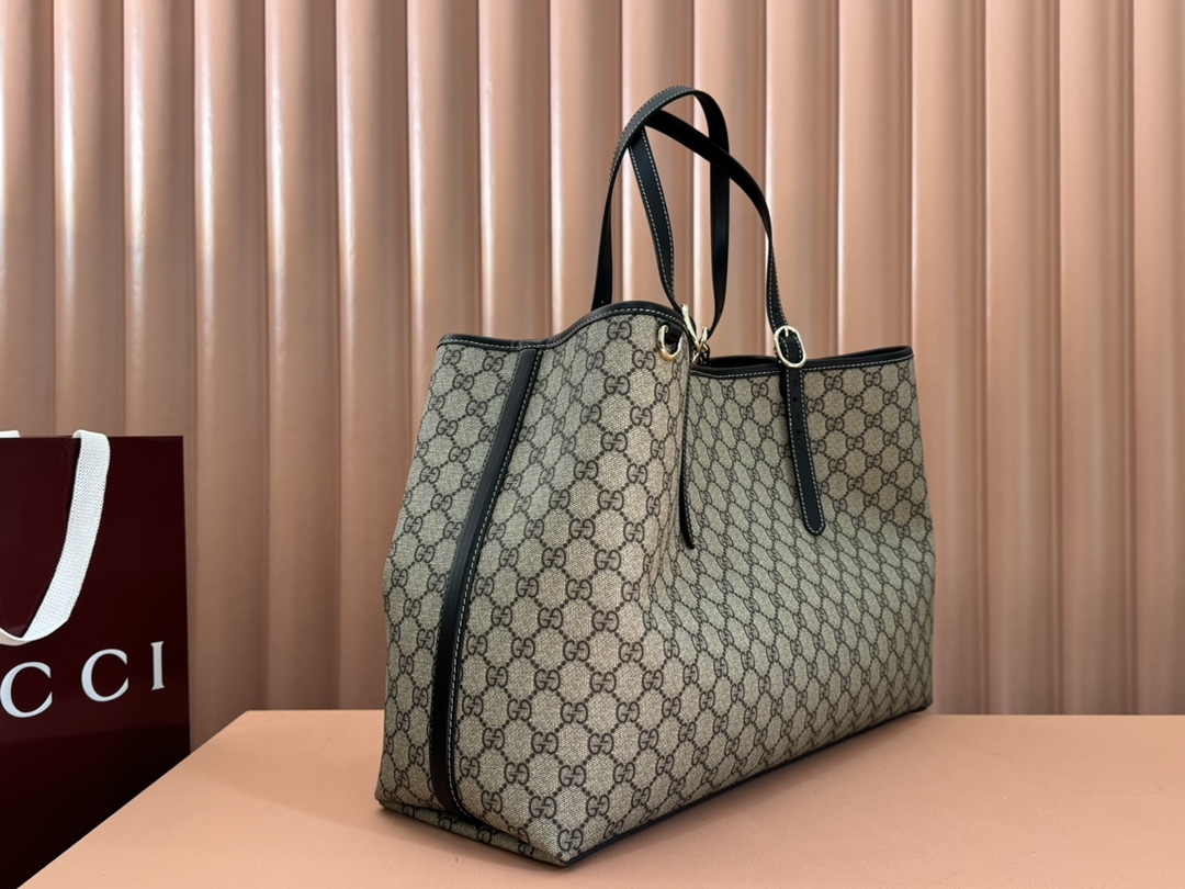 Gucci GG Emblem Beige GG canvas with black leather trim tote everyday