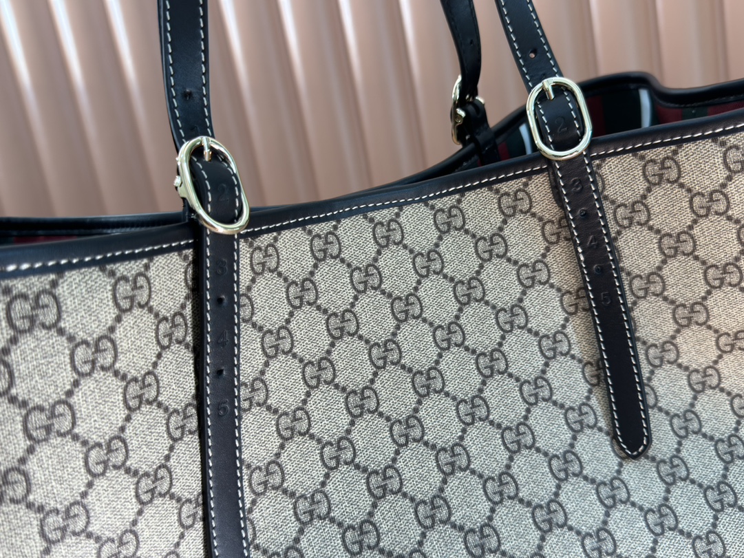 Gucci GG Emblem Beige GG canvas with black leather trim tote everyday
