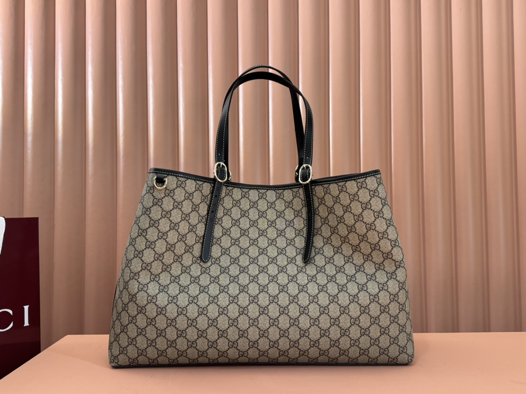 Gucci GG Emblem Beige GG canvas with black leather trim tote everyday