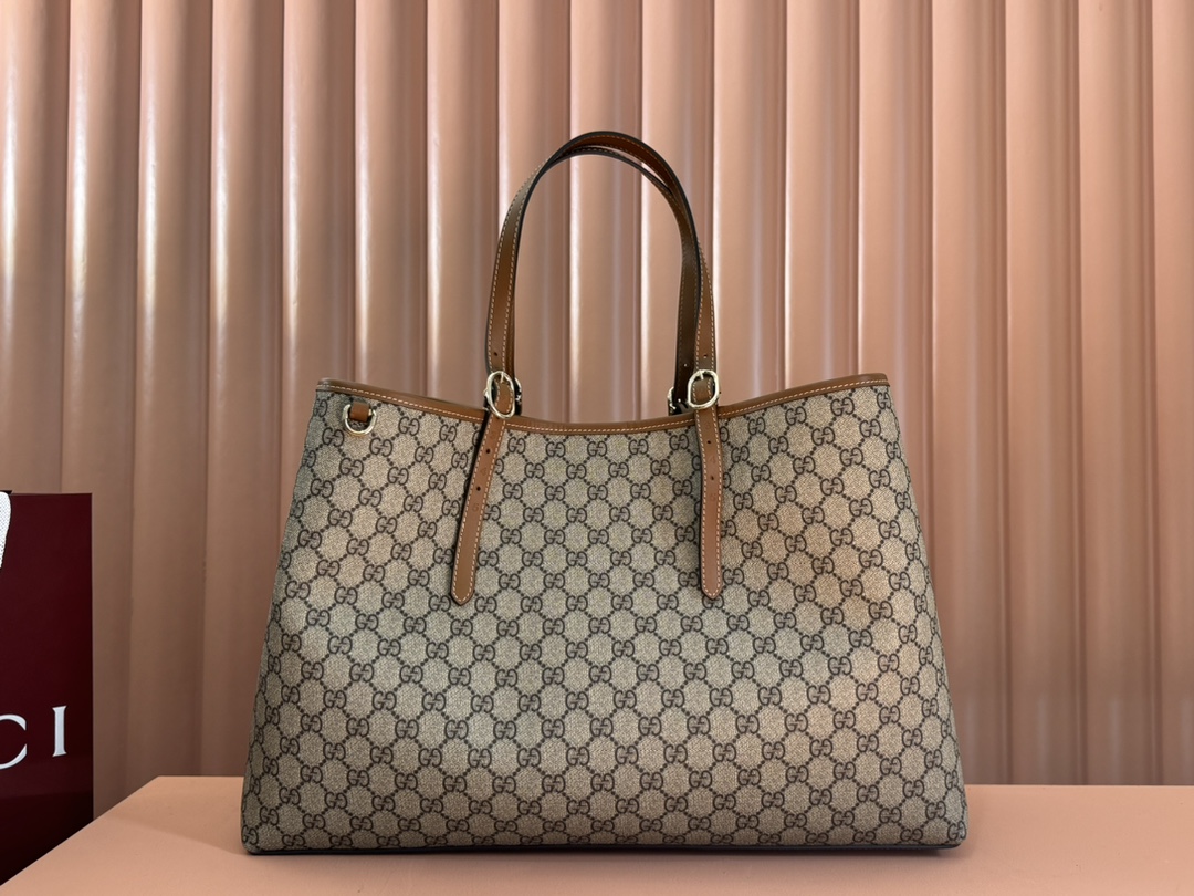 Gucci GG Emblem GG Supreme beige ebony with brown leather trim tote everyday