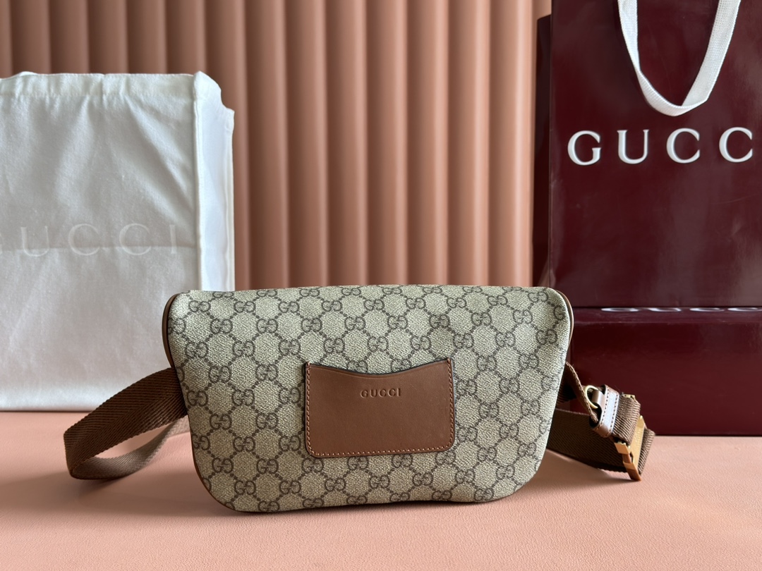 Gucci GG Emblem GG Supreme beige ebony with brown leather crossbody