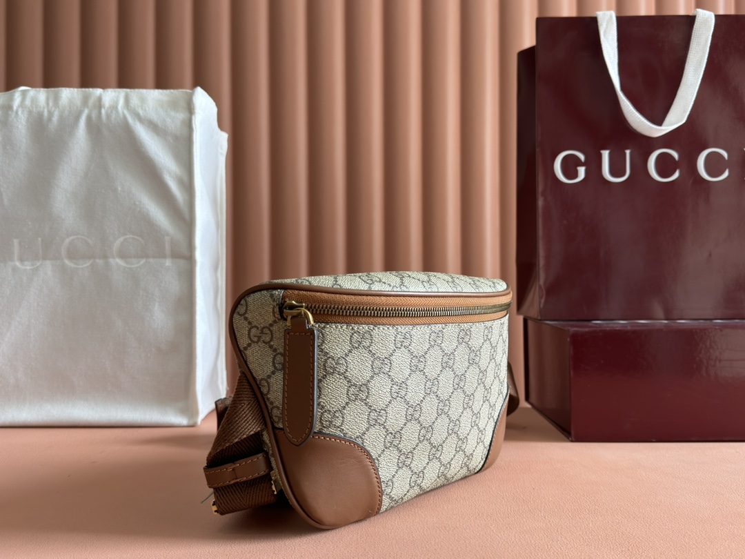 Gucci GG Emblem GG Supreme beige ebony with brown leather crossbody
