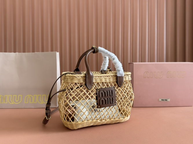 Miu Miu Woven Basket Bag with Leather Straps and Canvas Pouch 1 Miu Miu Woven Basket Bag with Leather Straps and Canvas Pouch
