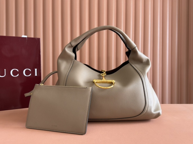 Gucci Softbit Large Shoulder Bag with Detachable Pouch - Taupe Leather