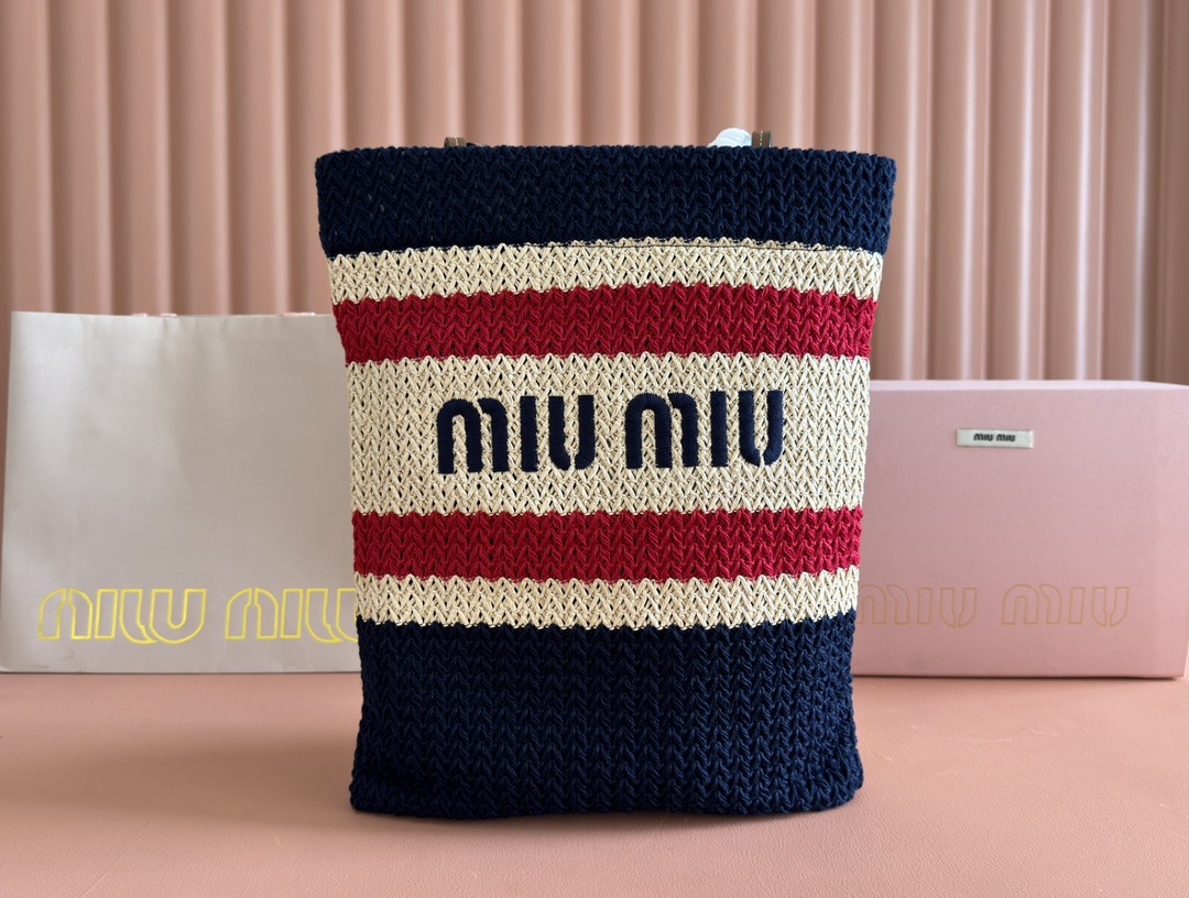 Miu Miu Raffia and Cotton Crochet Tote Bag - Striped Design, Lightweight
