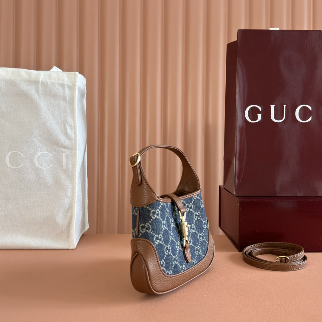 Gucci Jackie 1961 Blue GG denim and brown leather mini shoulder everyday