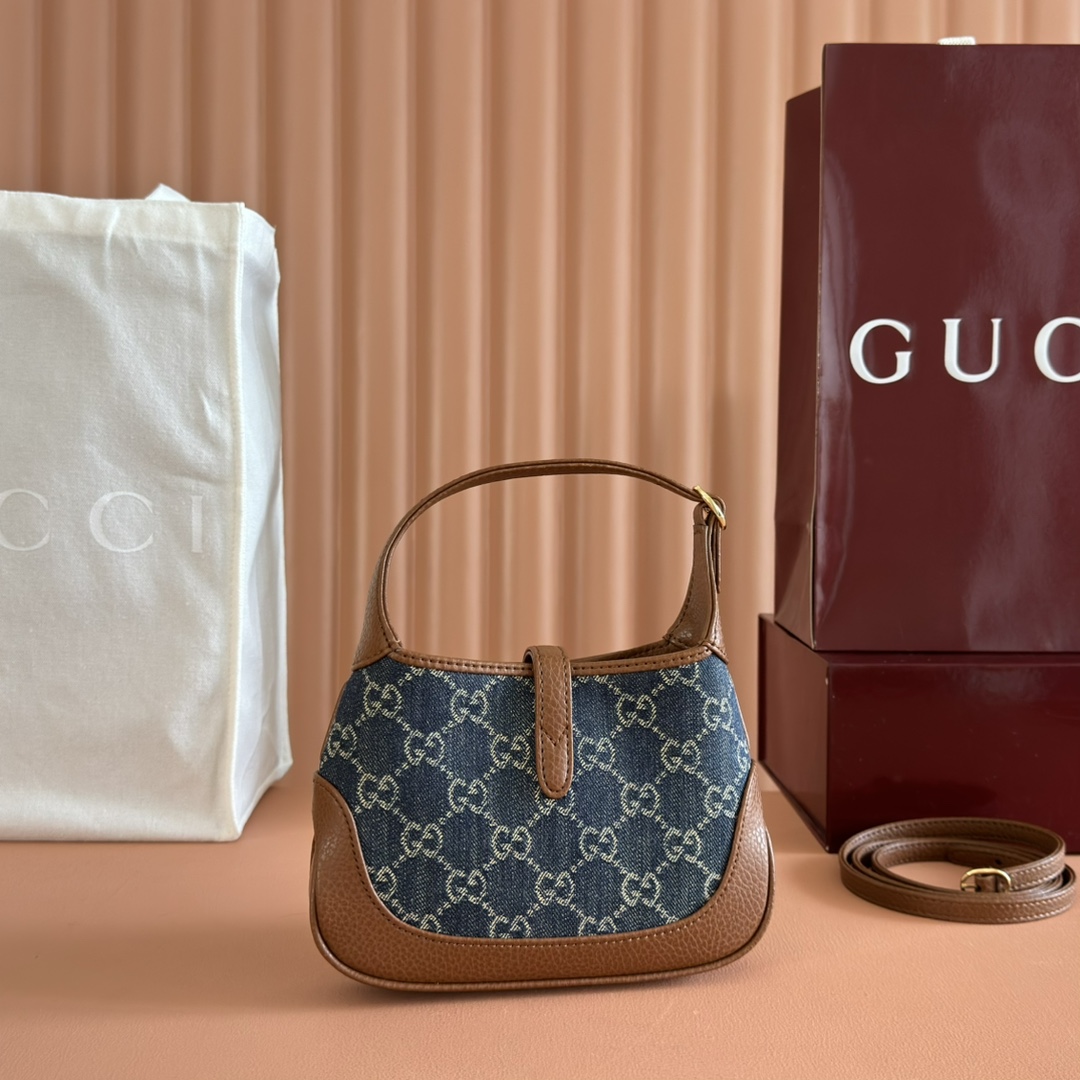 Gucci Jackie 1961 Blue GG denim and brown leather mini shoulder everyday