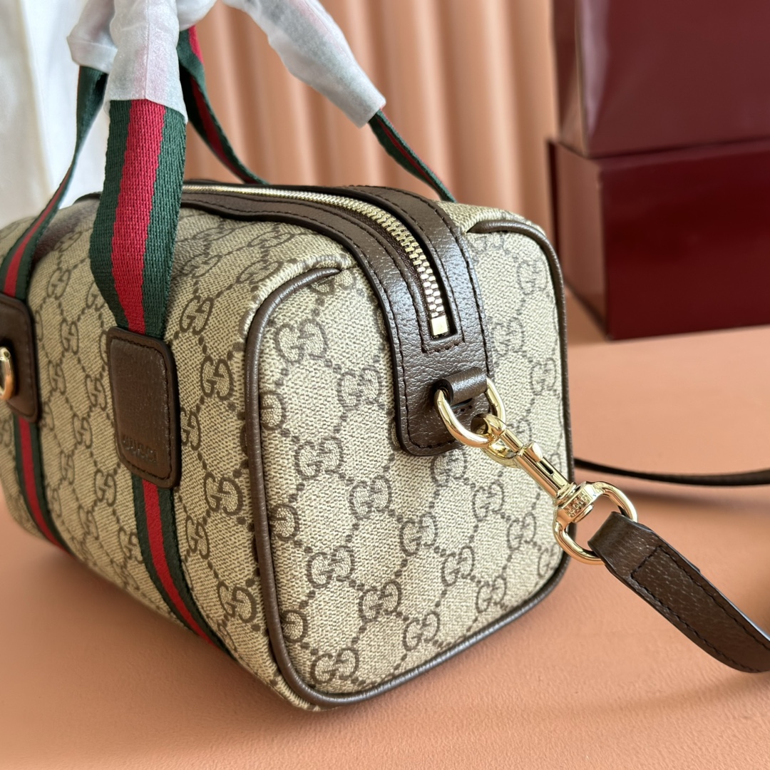 Gucci Mini Duffle Bag in Beige and Dark Brown Gucci Letter Pattern Canvas 8 i1751368371 352 7