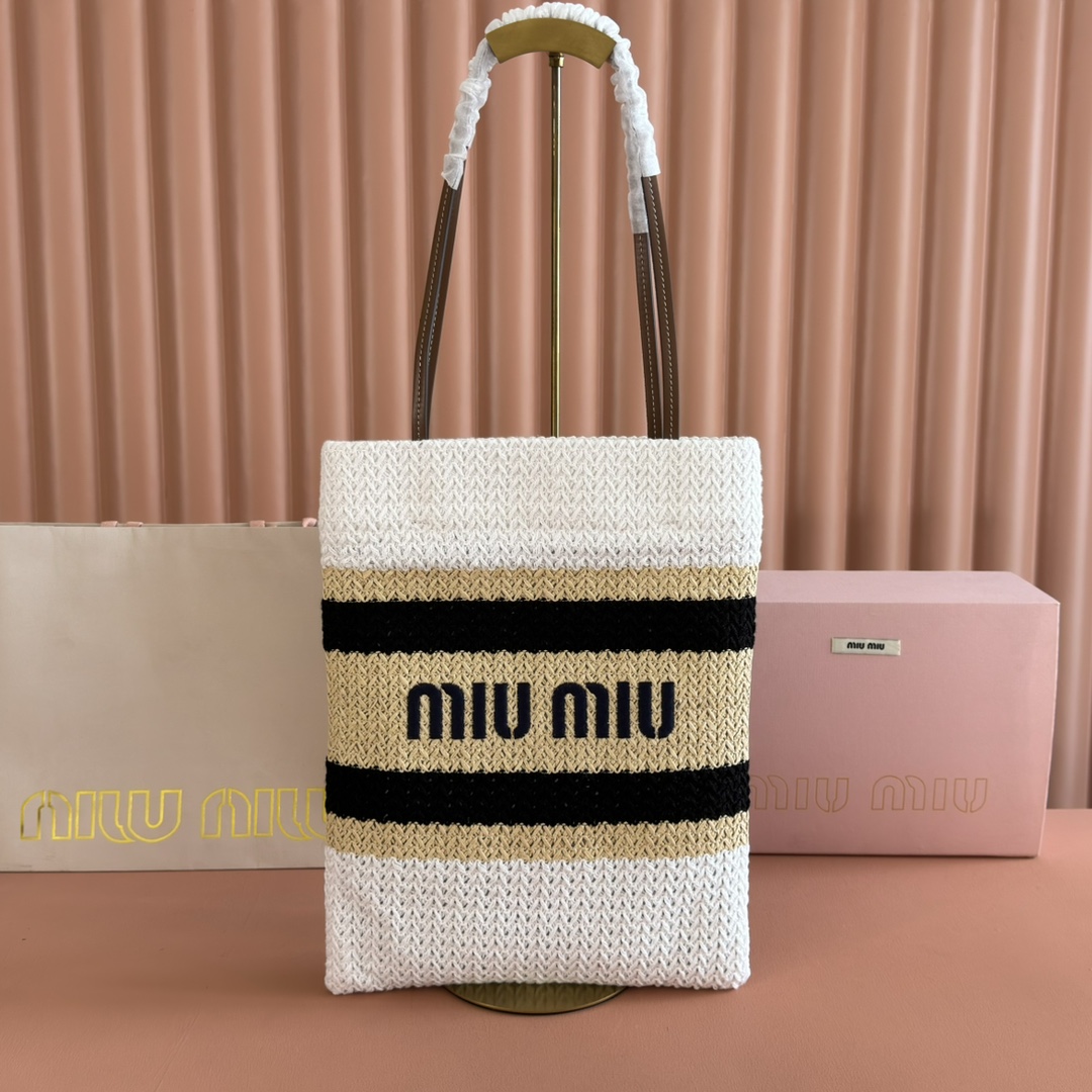 Miu Miu Raffia Crochet Tote Bag, Striped Design, Lightweight, 30X38CM