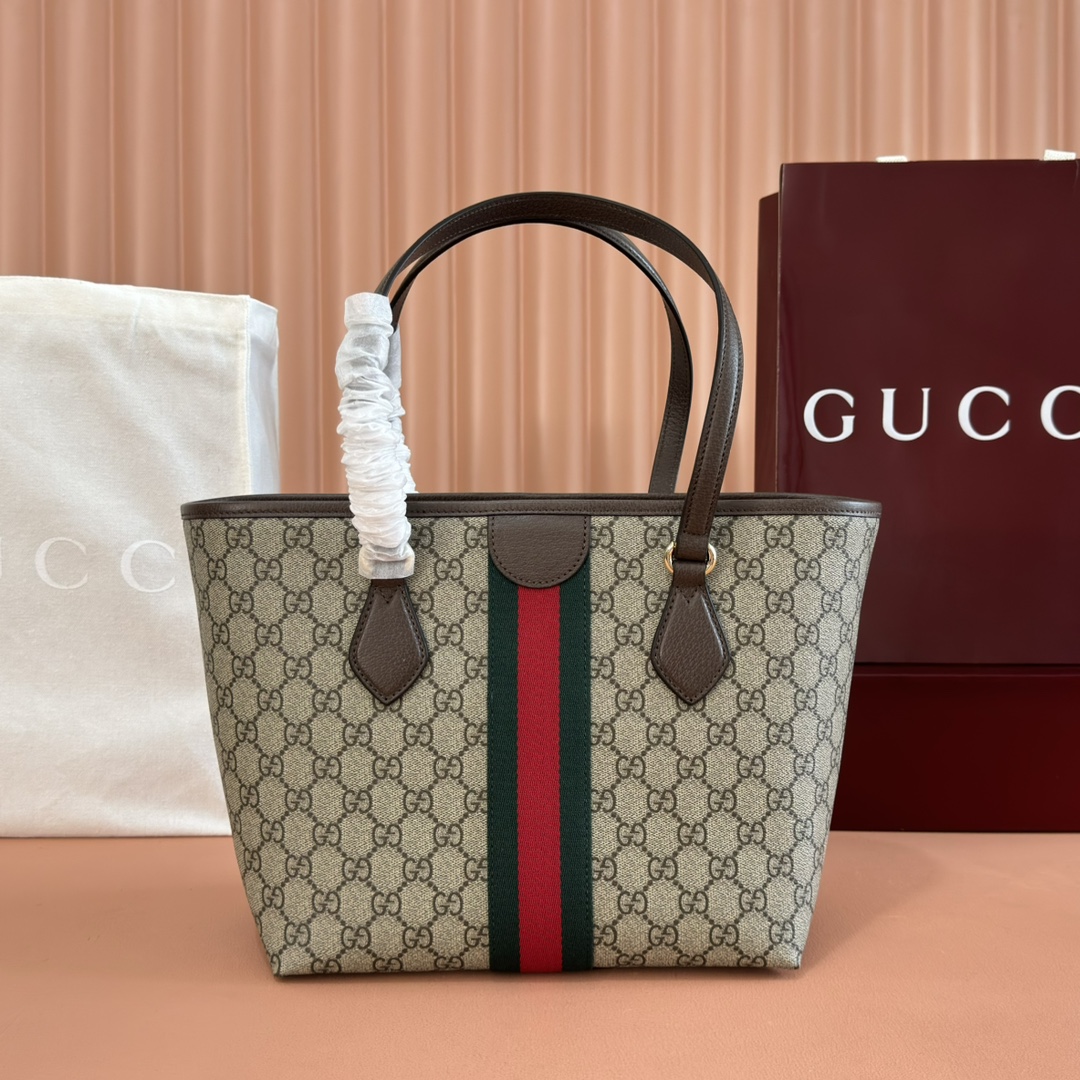 Gucci Ophidia GG Supreme beige ebony with brown leather and green-red-green stripe tote everyday